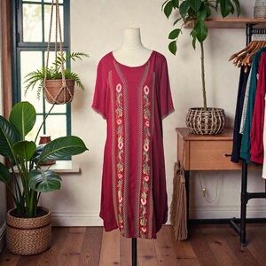 Sweet Salt Embroidered Boho Midi Dress – Wine Red Floral, Modest Fit, Flowy